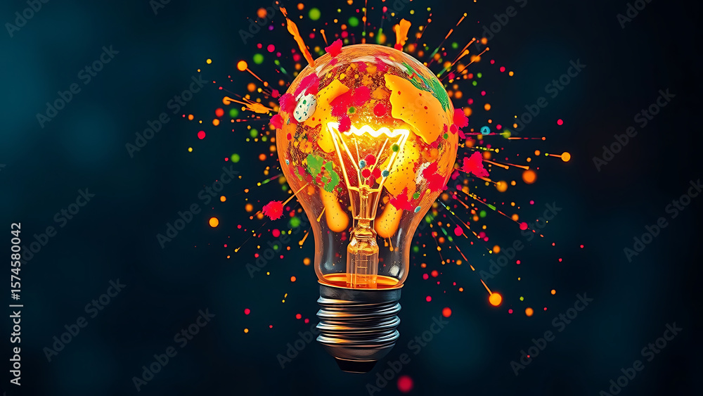 Poster creative light bulb explodes with colorful paint and colors new idea brainstorming concept