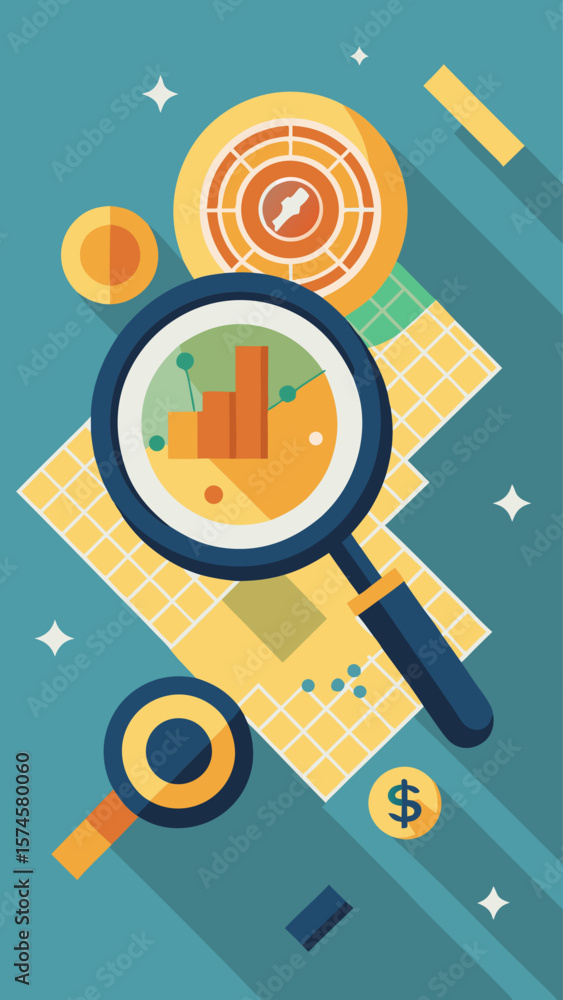 Aufkleber a blue background with a magnifying glass and a coin on it. the coin is labeled with the word 