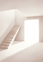Fototapeta premium Ascent to Light Minimalist Room - A simple, empty room features a staircase leading towards a bright window, symbolizing growth, opportunity, progress, aspiration, and hope