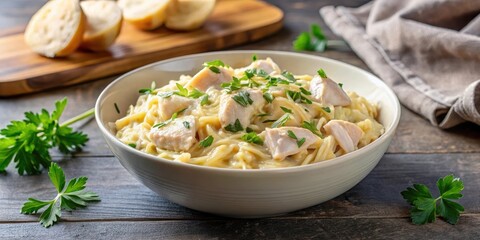 A warm and inviting bowl of creamy chicken orzo with a sprinkle of parmesan cheese and fresh parsley garnish , parmesan, orzo
