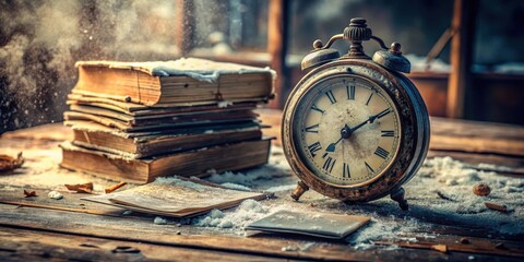 A worn clock with hands frozen in time surrounded by old books and papers scattered on a dusty table, time passing away, nostalgia