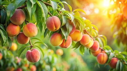 Fresh peaches with green leaves and branches hanging from a tree branch in a garden , natural background, outdoor
