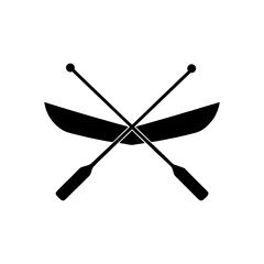 Rowing boat silhouette with two crossed oars for sports adventure and calm river designs