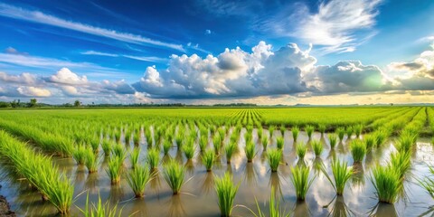Paddy rice plants in various growth stages from seedling to mature crop standing together in a large field against a bright blue sky with fluffy white clouds , farm, crops