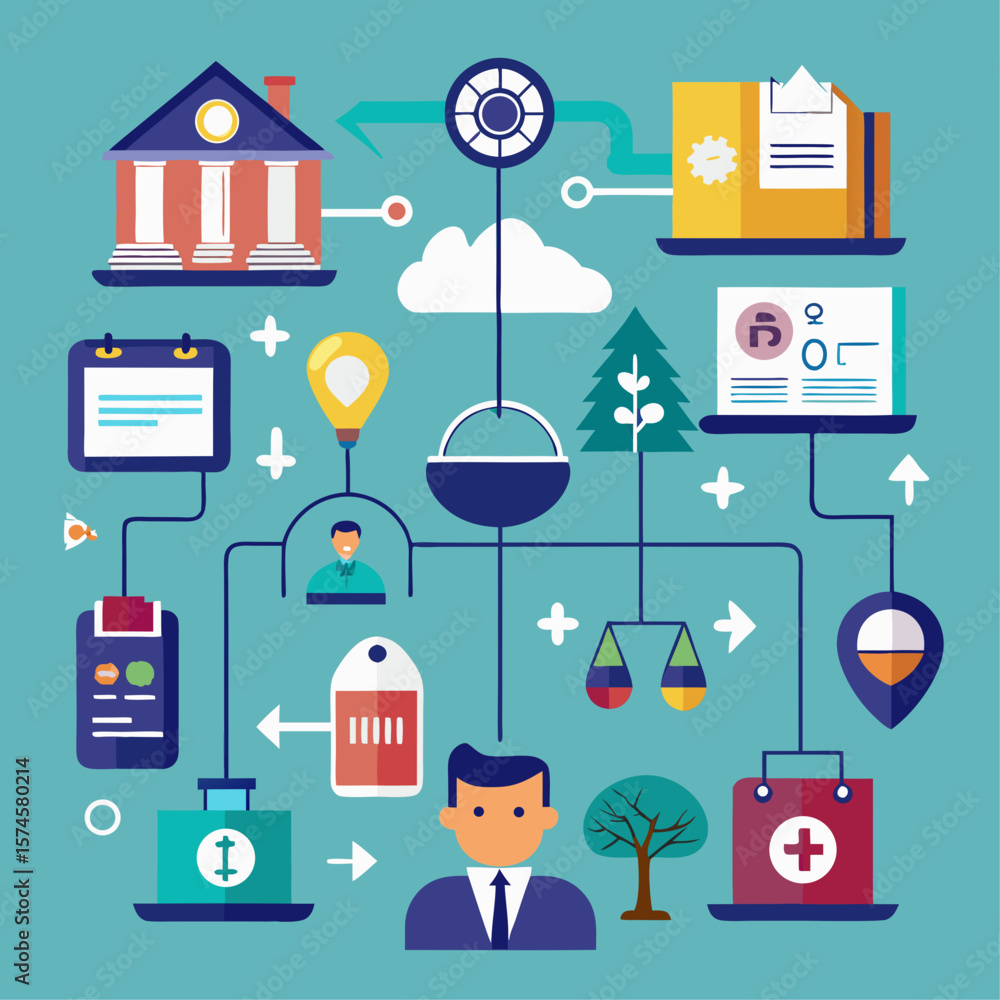 Poster a colorful image of people and objects with a house and a bank. the image is about a network of peop