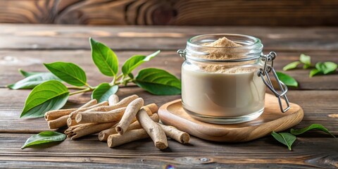 Ashwagandha root with powder and leaves in a white glass jar on a wooden desk, ayurvedic medicine, immunity booster