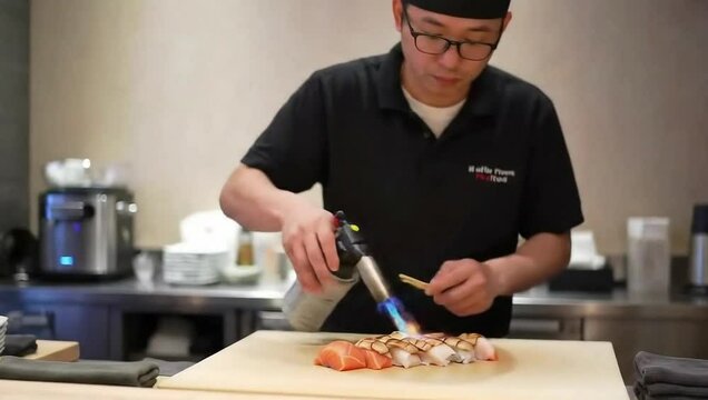 Sushi Chef Torching Salmon Aburi Modern 