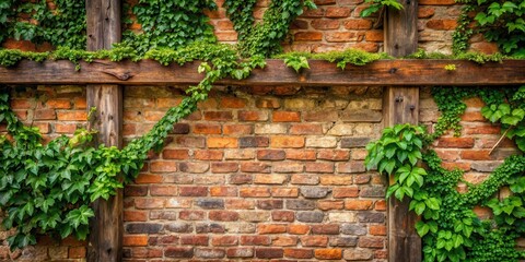 Weathered brick wall with lush greenery and wooden beams overgrown with ivy vines, rustic decor