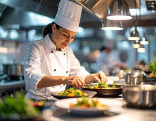 Cooking female chef professional kitchen culinary art modern environment close-up food presentation