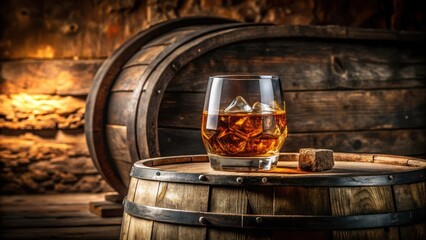 A delicate crystal glass filled with amber liquid rests on a weathered wooden barrel in a rustic setting, wooden crate, brown color