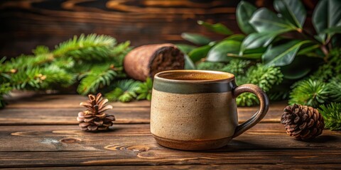 A ceramic coffee mug with a cork bottom sits on a wooden table surrounded by natural elements, showcasing its earthy feel, cork bottom, earthy tone