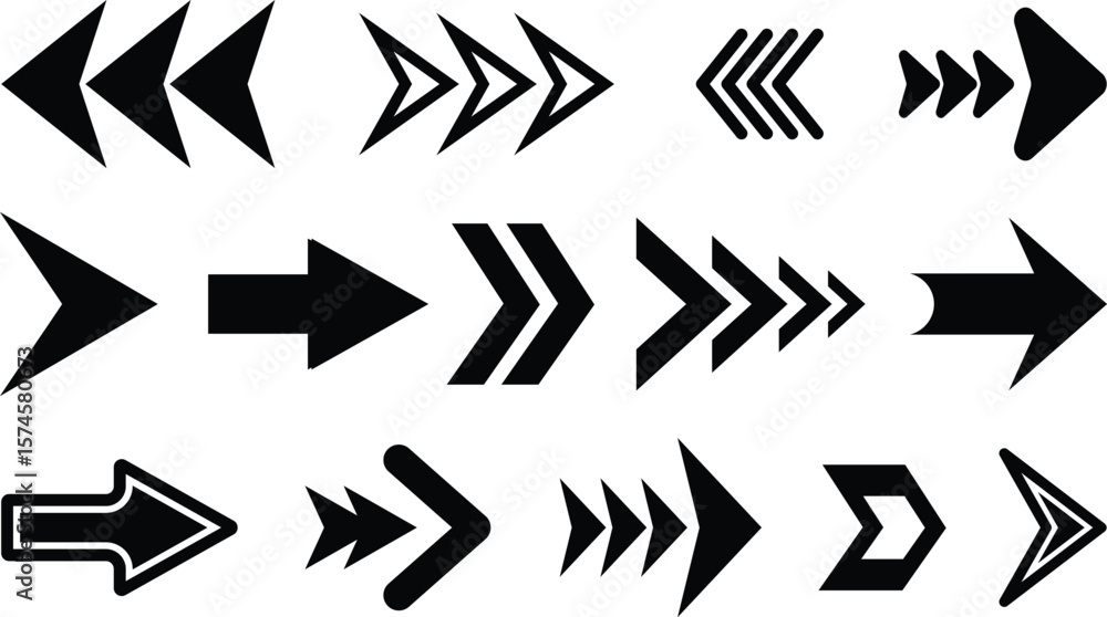 Poster black arrow icons set various styles for directional navigation and design