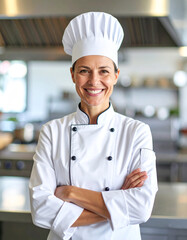 Smiling female chef modern kitchen portrait photography culinary environment frontal view professional passion