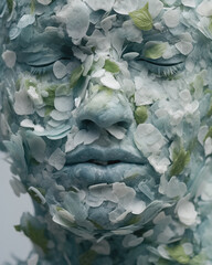 Obraz premium Psychological portrait of person covered in petals and leaves, AI generated.
