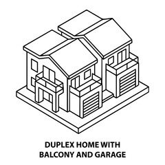 Duplex house with balcony and garage isometric view architecture residential building design illustration