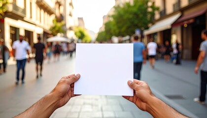 Blank paper held by hands on city street