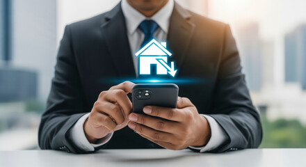 Businessman Using Smartphone For Home Investment Management
