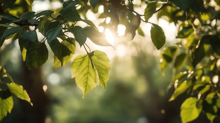 fresh green leaves in spring and bokeh background