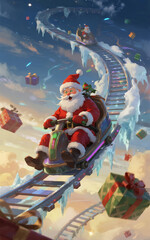 Santa's Whimsical Ride: Delivering Christmas Cheer on a Festive Roller Coaster Through a Snowy Sky