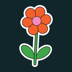 Cute Cartoon Flower Vector with Green Stem and Orange Petals