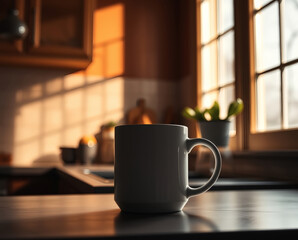 Warm morning light spills into a cozy kitchen highlighting a steaming mug on the table