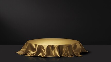 Gold pedestal or podium display with golden satin fabric platform concept on dark background. Blank shelf stand for showing product. 3D rendering