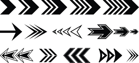 Diverse collection of black and white arrow designs pointing to the right