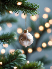 Delicate ornament glistens on a pine branch amidst a warm glow of holiday lights