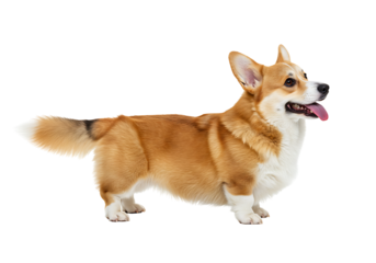 Corgi dog in profile seen against a black background is mediumsized with orangebrown fur a white chest and short legs