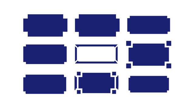 Vector graphic collection of blue pixelated label shapes for digital design work