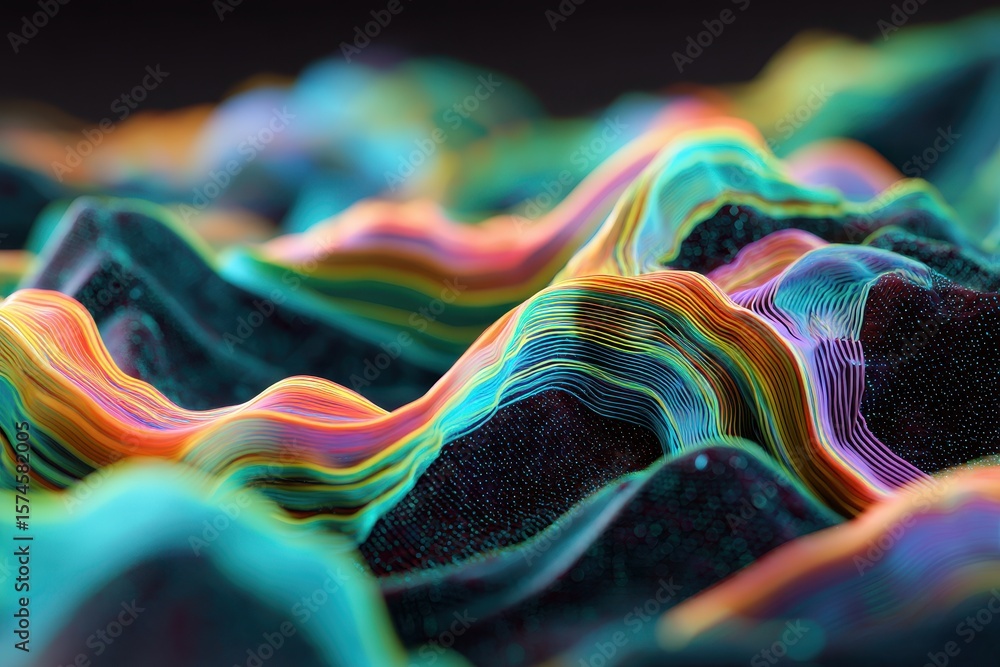 Poster abstract undulating landscape with iridescent, multicolored lines and dark granulated base