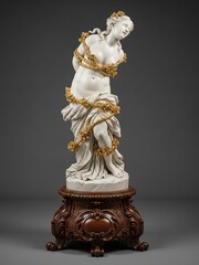 Baroque-style marble sculpture of a bound goddess, golden floral rope wrapping her body, realistic textures, fine craftsmanship, displayed on an ornate pedestal