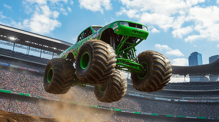 A monster truck soaring with the city skyline in background, large open-air urban stadium packed with energetic crowd