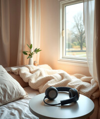 Cozy bedroom retreat with natural light, headphones resting on side table amid soft fabrics and green plant touches