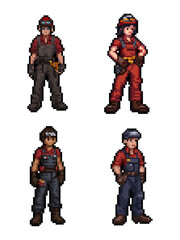 Pixel Art Industrial Workers Craftsmen Characters Collection. versatile collection of four distinct pixel art characters representing industrial workers, mechanics, and craftsmen in pixel art style