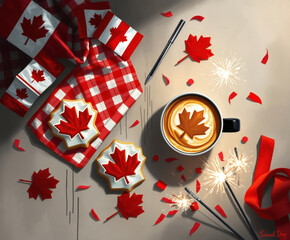 Celebrating Canada Day with coffee, treats, and festive decorations in a cozy setting