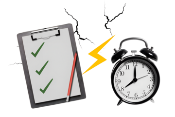 Ringing alarm clock with lightnings and clip note with checkboxes. Modern photo collage style. Illustration on transparent background