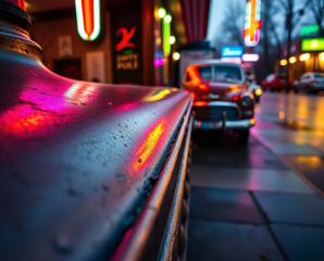 Nighttime stroll through a vibrant city street, showcasing neon lights and classic cars in a retro atmosphere with slick pavement