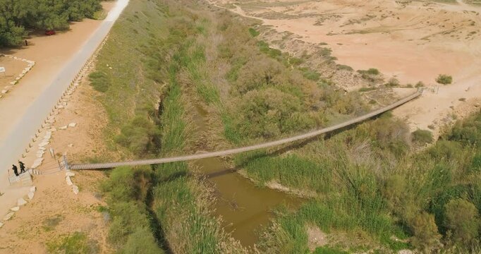 HaBesor,Israel-11 MARCH 2011: Aerial view of suspension bridge over a dry stream.