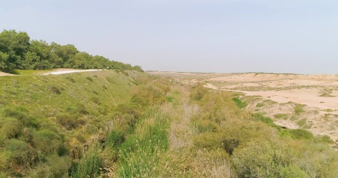 Aerial view of observatory looking at a dry stream, HaBesor, Israel.