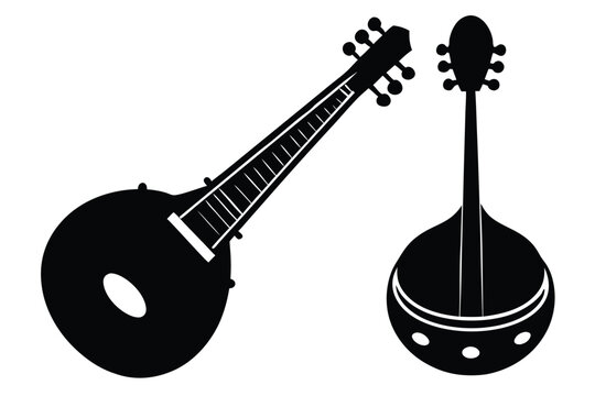 Stylized black silhouettes of indian sitar and tanpura musical instruments