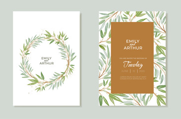 Botanical Wedding invitation with eucalyptus branches hand-painted in watercolor. Vector