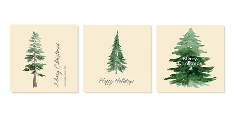 Christmas Greeting Cards With Christmas Trees Hand-painted with Watercolor Vector Templates