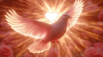A dove in flight, illuminated by a heart-shaped light.