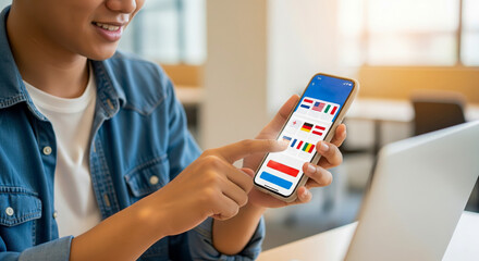 Person Selecting Language Flags On Smartphone Screen