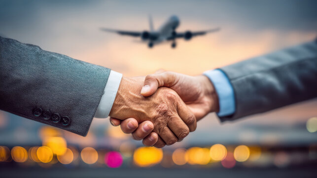 Handshake between two businesspeople with airplane in background, symbolizing global business and travel