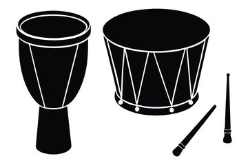Black silhouette of two drums and drumsticks on a white background
