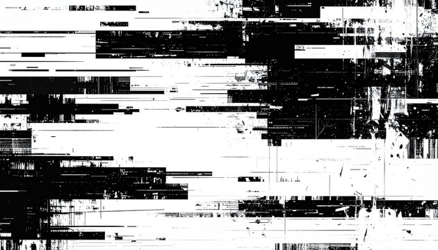Abstract distorted black white motion glitch overlay effect distress texture. Monochrome interlaced digital background.