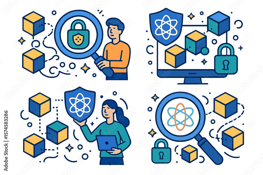Poster creative design showcasing cybersecurity, data protection, and digital innovation with devices and a