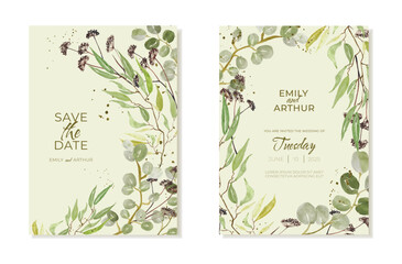 Rustic wedding invitation templates. Watercolor botanical drawings of leaves and dried flowers. Vector